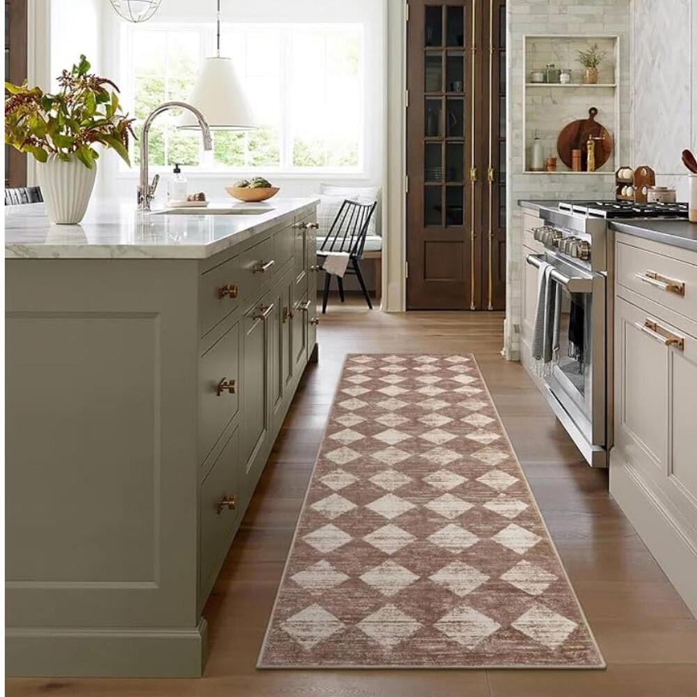 🆕 Mushroom & Ivory Check Checker Plaid 2’ x 8’ MACHINE WASHABLE Long Runner Rug